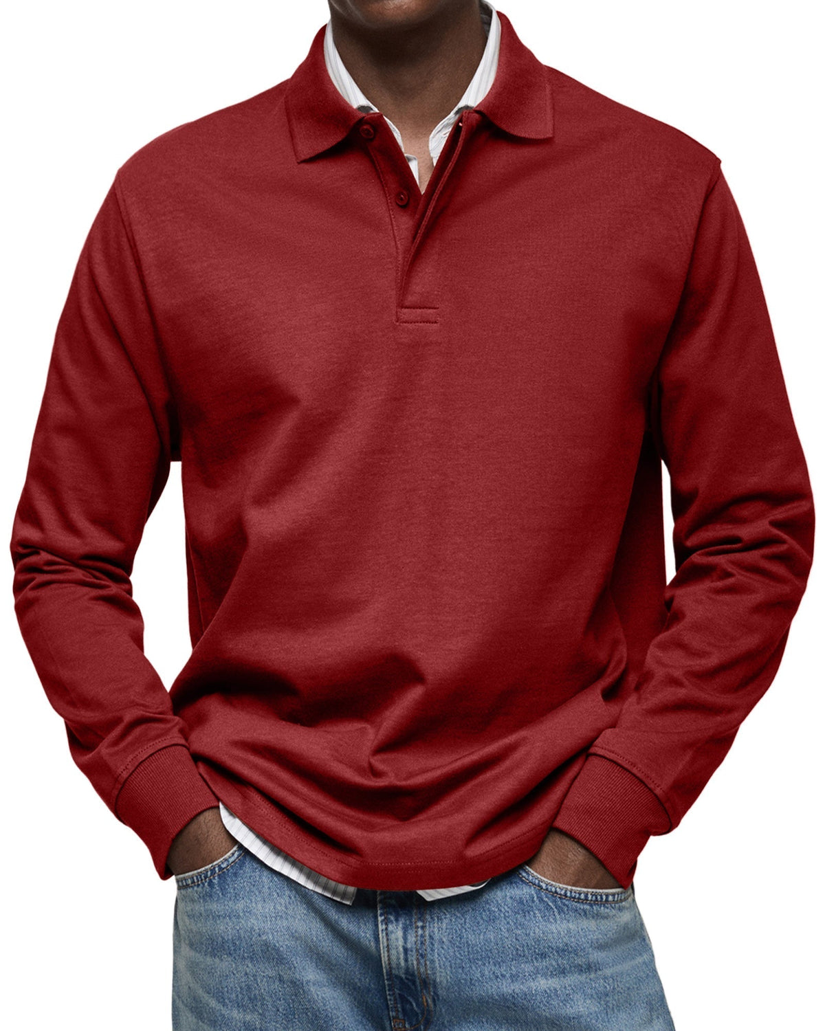 Red heathered long-sleeve polo shirt worn with jeans