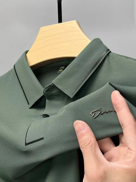 Army green waffle-knit polo shirt with tipped collar and curved placket