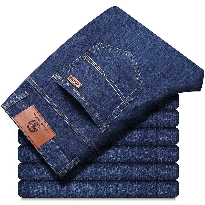 Blue slim-fit five-pocket jeans, folded