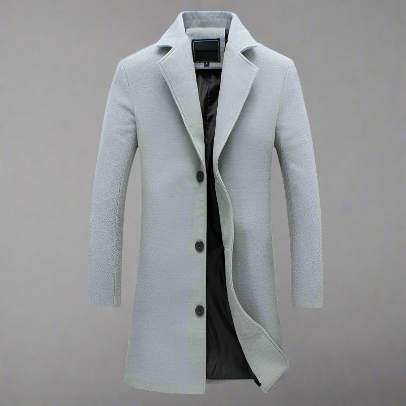 Light gray notch-lapel long overcoat