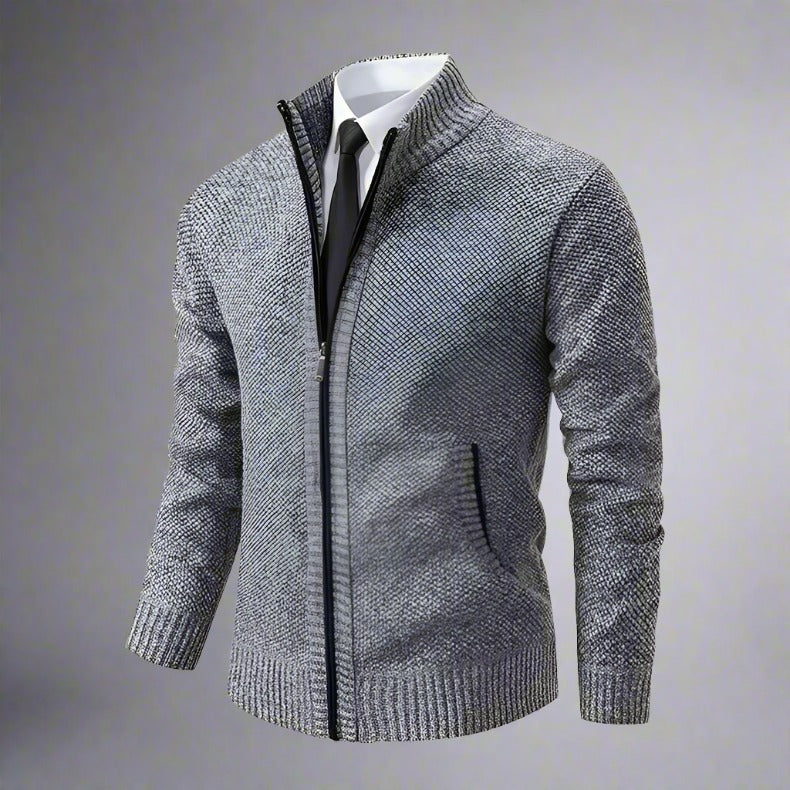 Light gray stand-collar full-zip cardigan over a shirt and tie