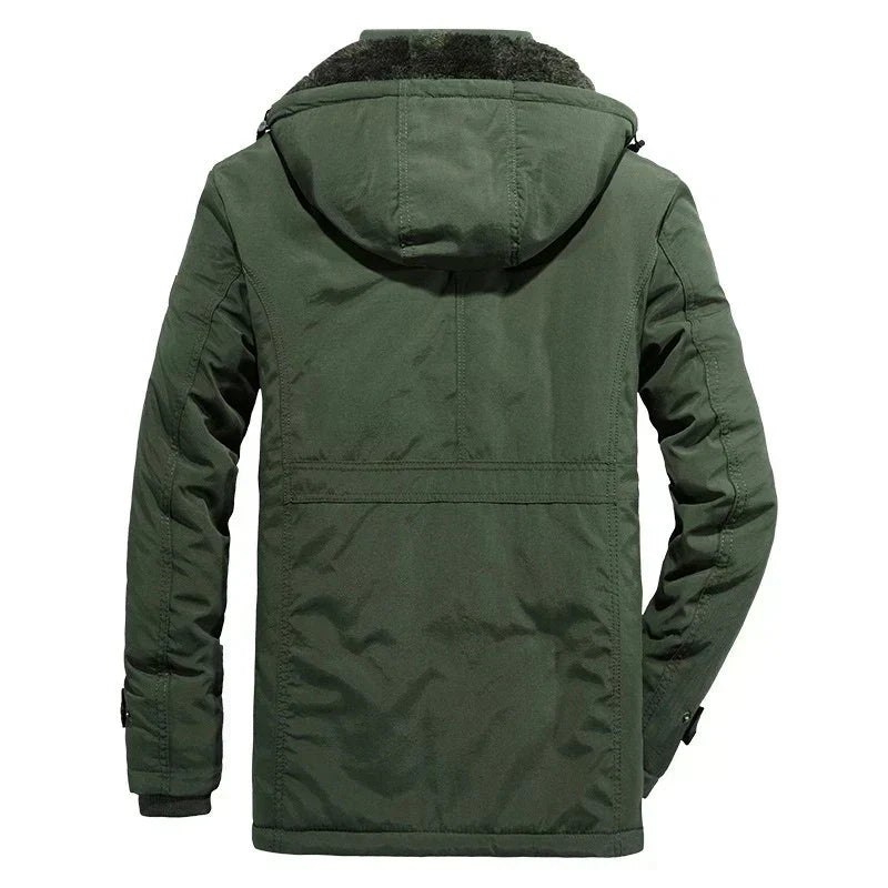 Green hooded fleece-lined parka seen from the back