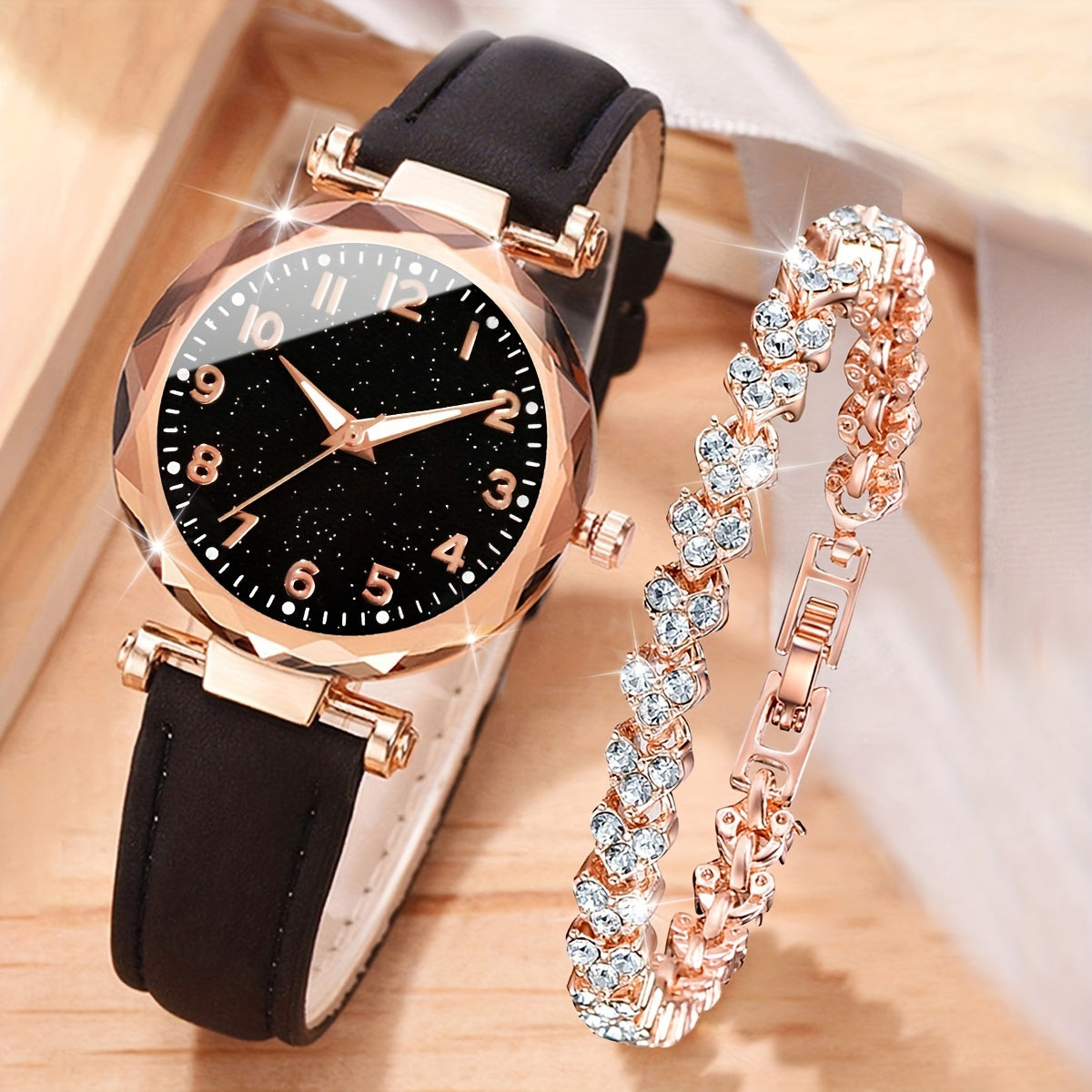 Set de Elegancia Casual - Reloj de Cuarzo con Correa de Cuero Sintético y Pulsera