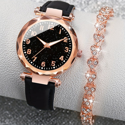 Set de Elegancia Casual - Reloj de Cuarzo con Correa de Cuero Sintético y Pulsera
