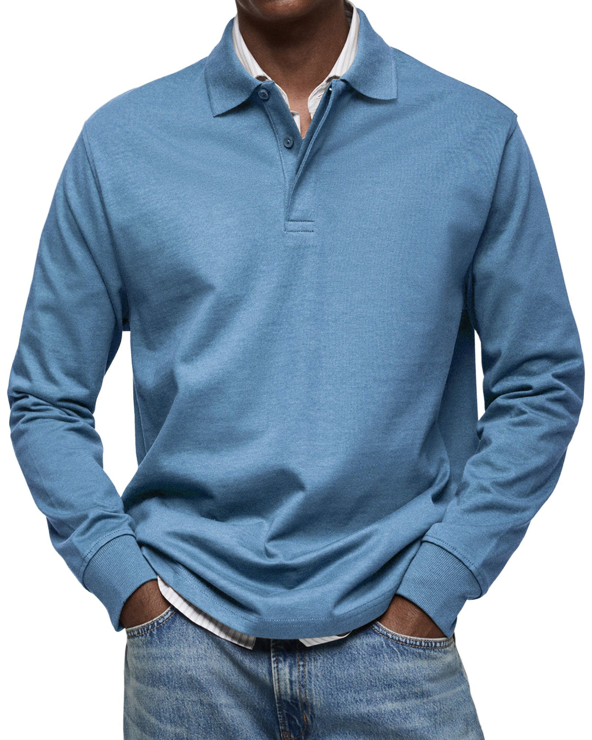 Blue heathered long-sleeve polo shirt worn with jeans