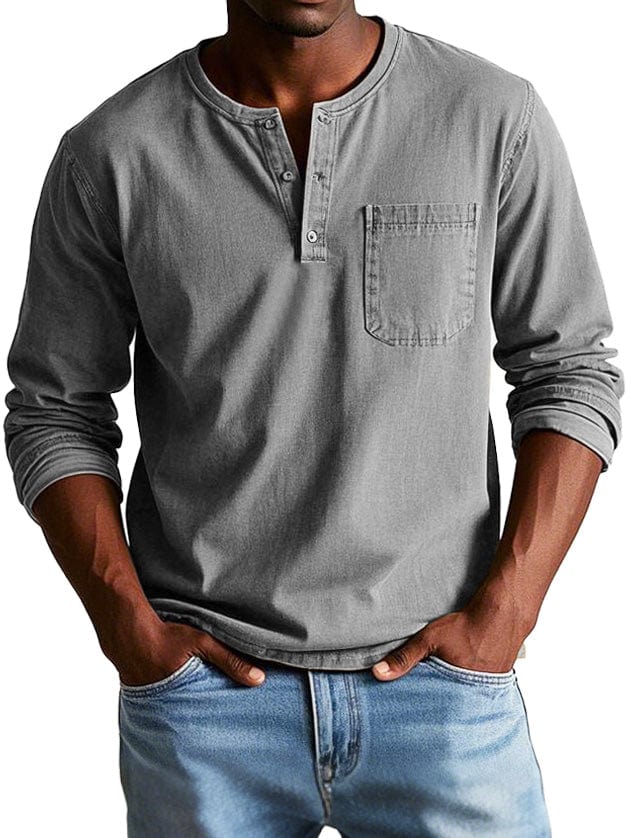 Man wearing a gray chest pocket henley shirt