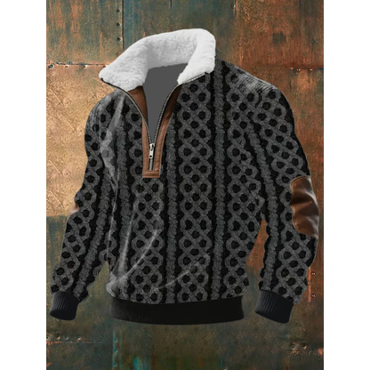Black and brown patterned sherpa-collar half-zip sweater