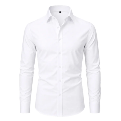 White slim-fit stretch dress shirt on a white background
