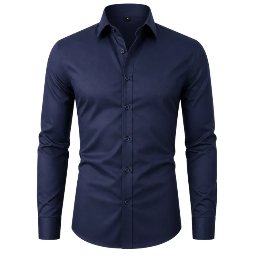 Navy slim-fit stretch dress shirt on a white background