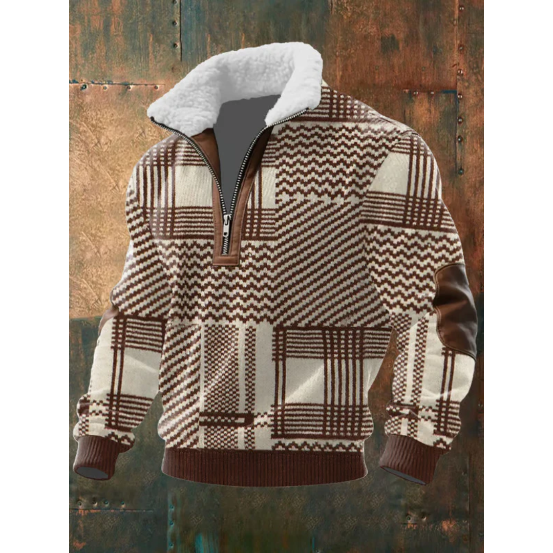 Brown plaid sherpa-collar half-zip sweater