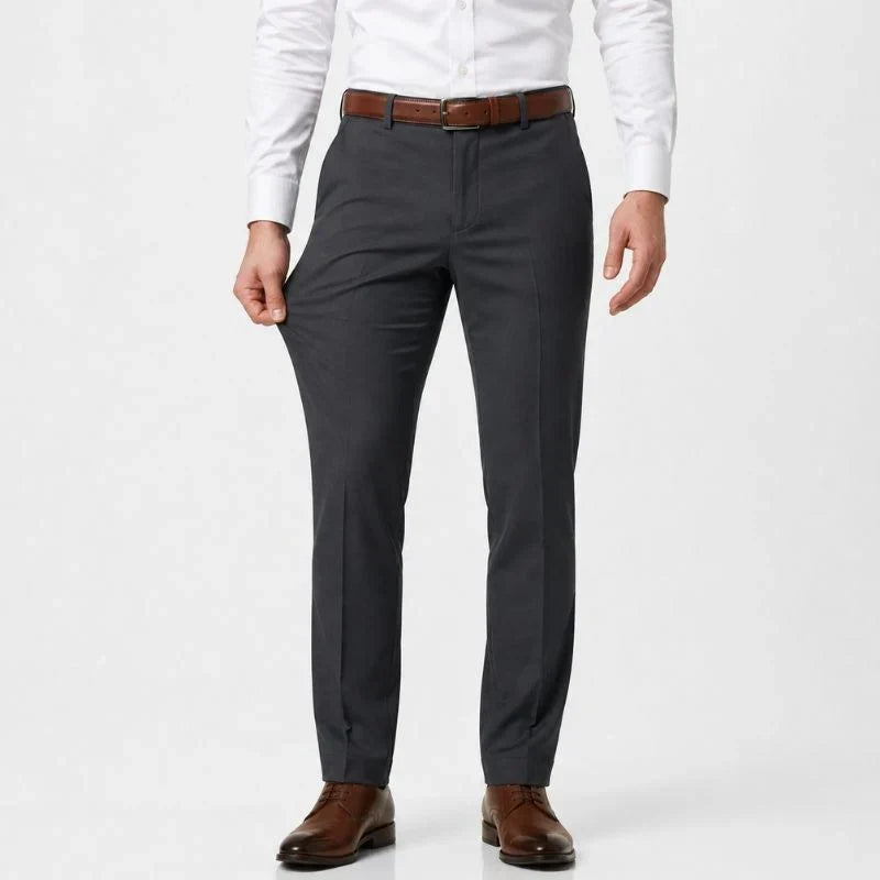 Slim-fit stretch dress pants in a dark gray shade, front view