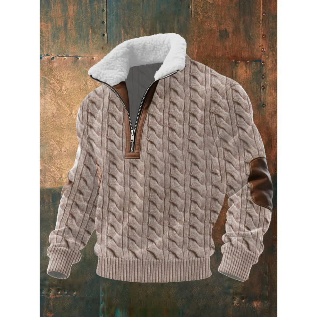 Light brown sherpa-collar half-zip sweater
