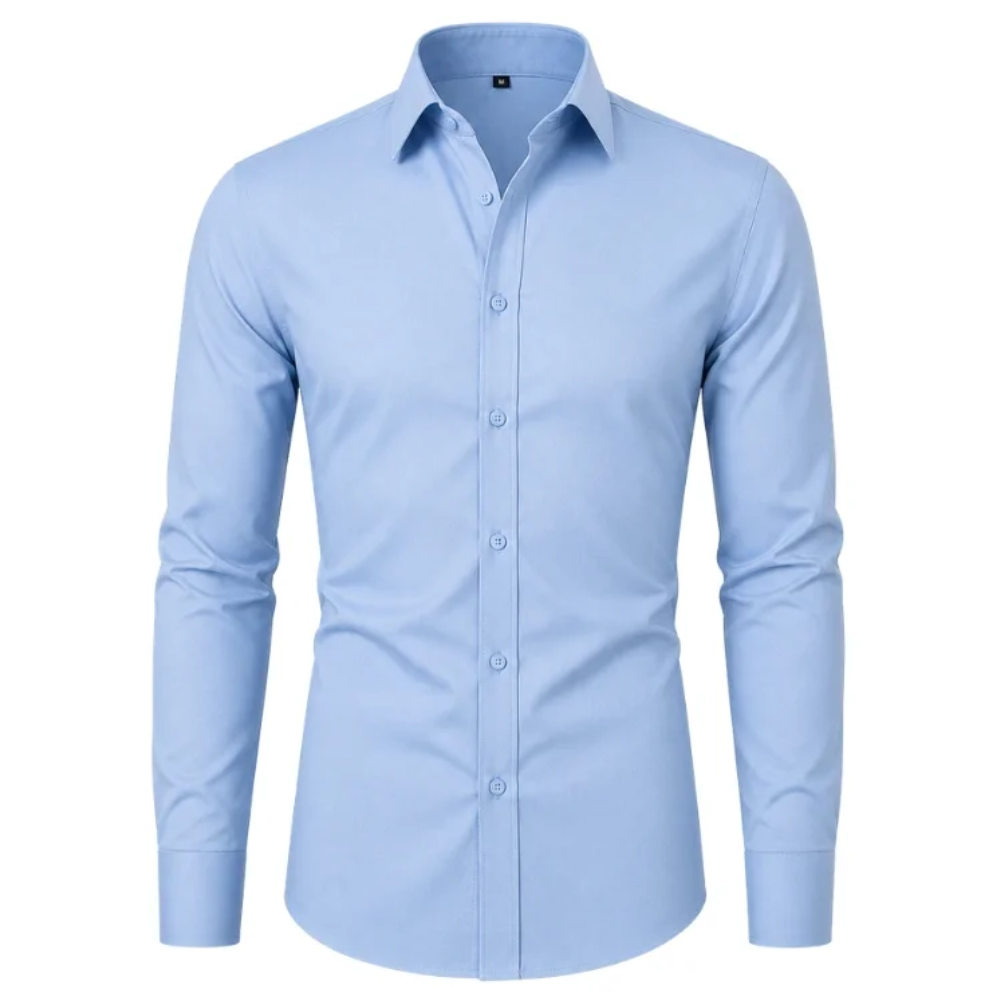 Ice blue slim-fit stretch dress shirt on a white background