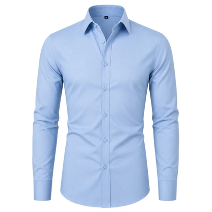 Ice blue slim-fit stretch dress shirt on a white background
