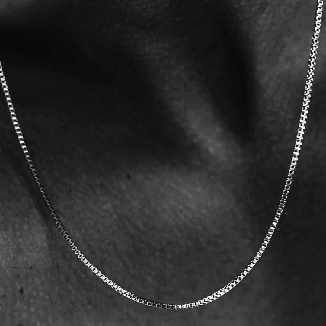 Fine box chain necklace worn on the neck, black and white