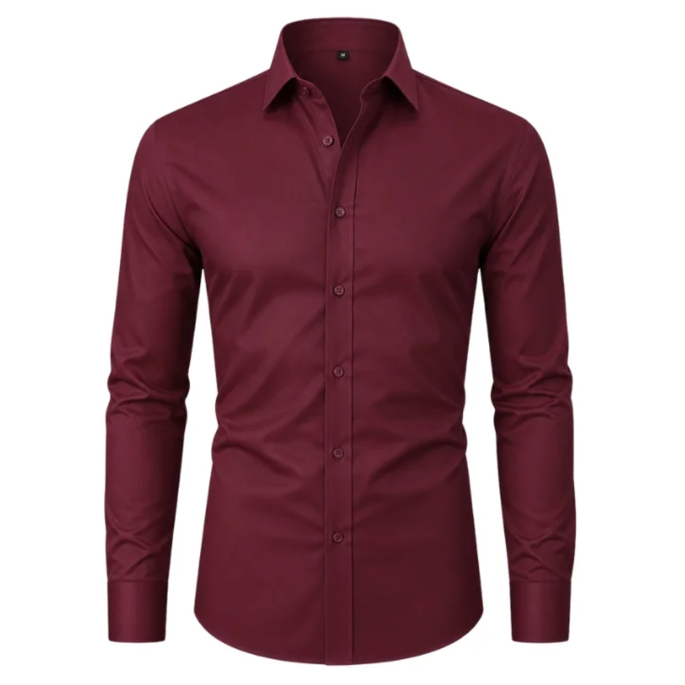 Red slim-fit stretch dress shirt on a white background