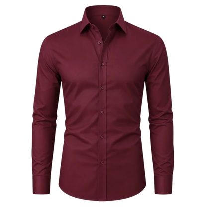 Red slim-fit stretch dress shirt on a white background