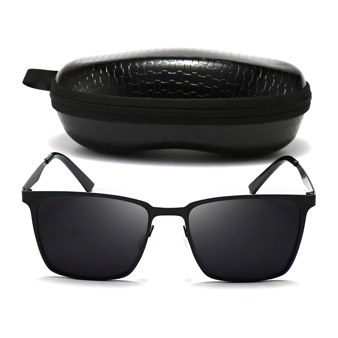 Black square metal frame sunglasses in front of a zip case