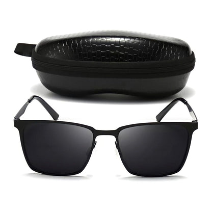 Black square metal frame sunglasses in front of a zip case