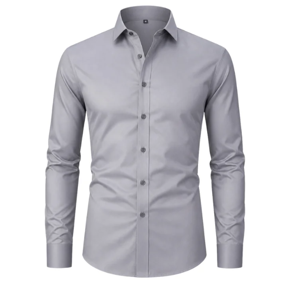 Gray slim-fit stretch dress shirt on a white background