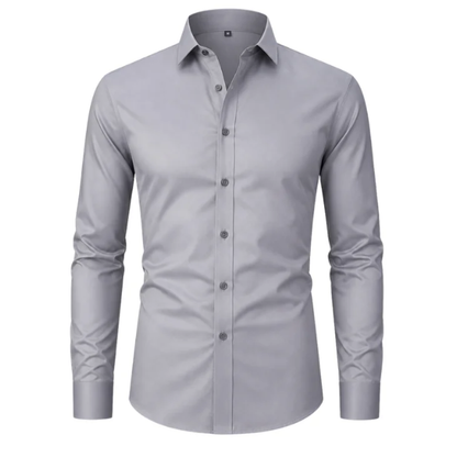 Gray slim-fit stretch dress shirt on a white background