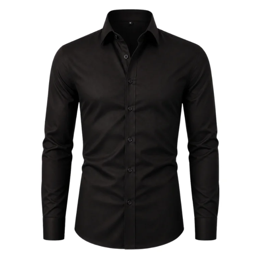 Black slim-fit stretch dress shirt on a white background