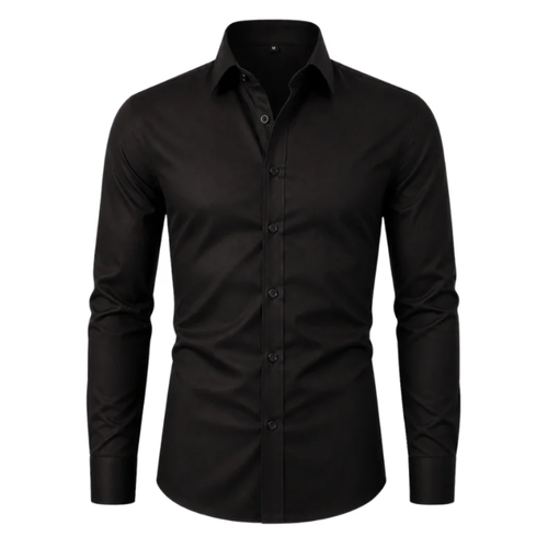 Black slim-fit stretch dress shirt on a white background