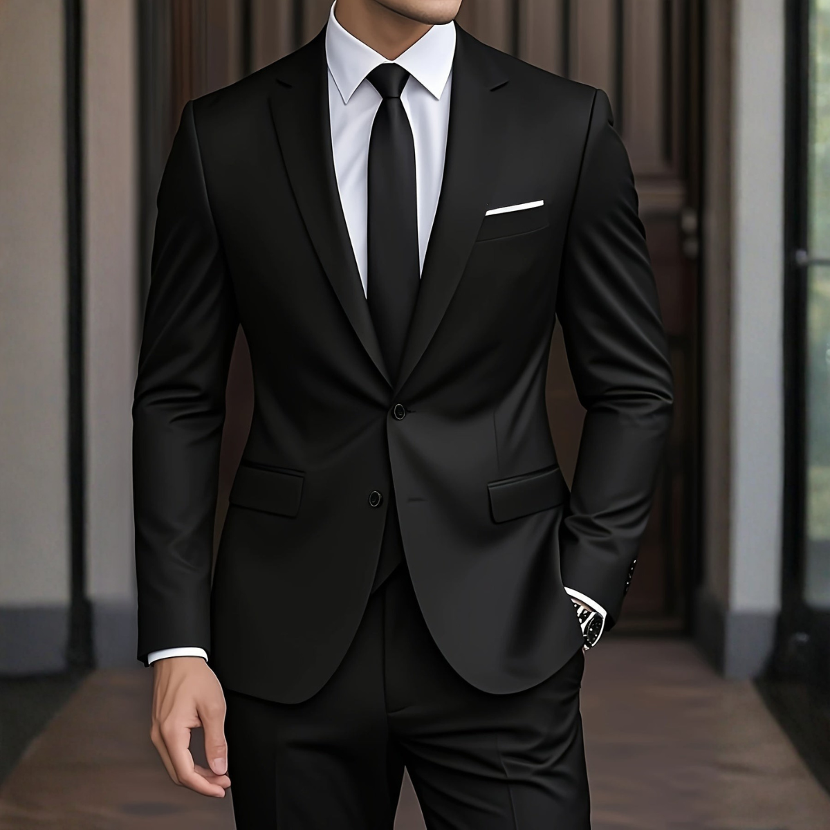 Black slim fit two-button suit worn with a white shirt and black tie
