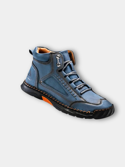 Blue lug-sole stitched ankle boot