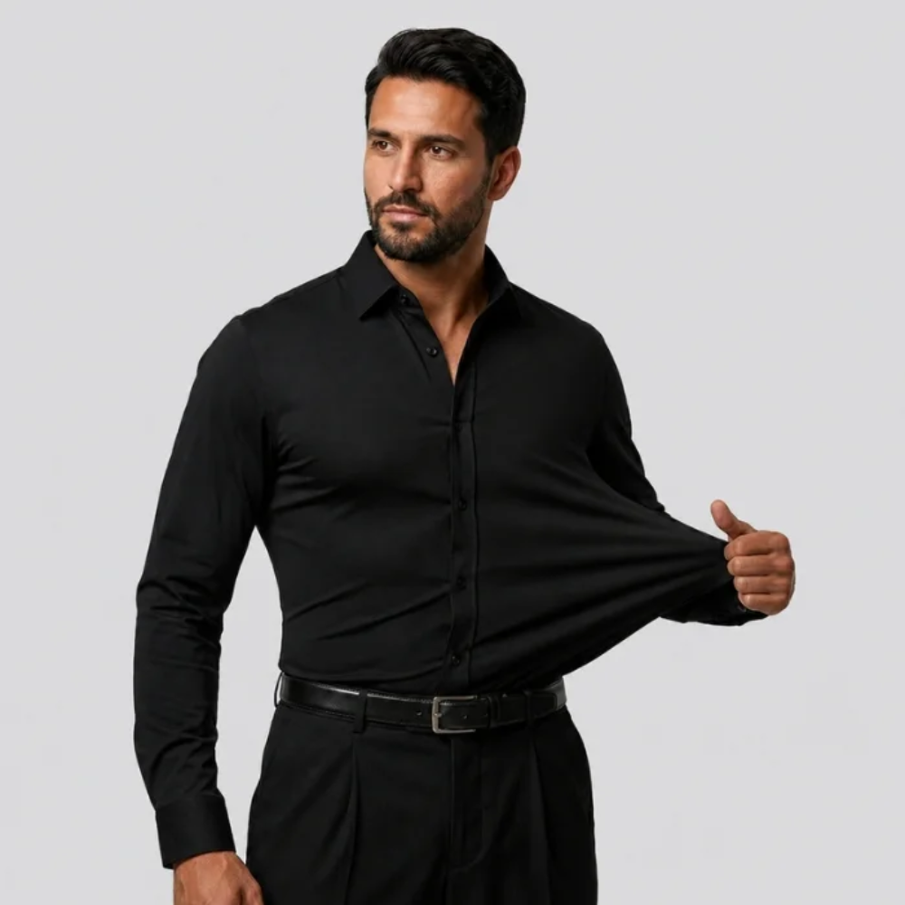 Black slim-fit stretch dress shirt being stretched at the front
