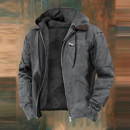 Gray fleece-lined hooded work jacket