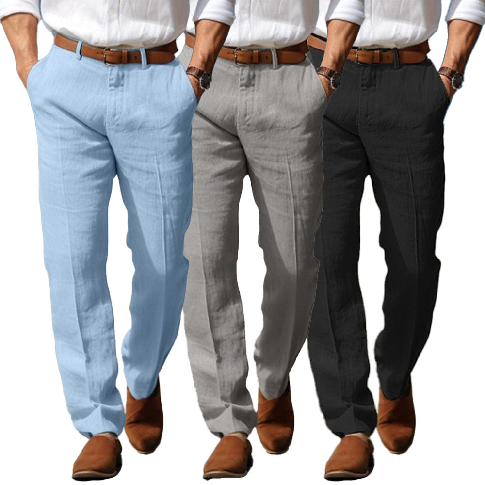 Light blue, gray and black linen-look straight-leg pants