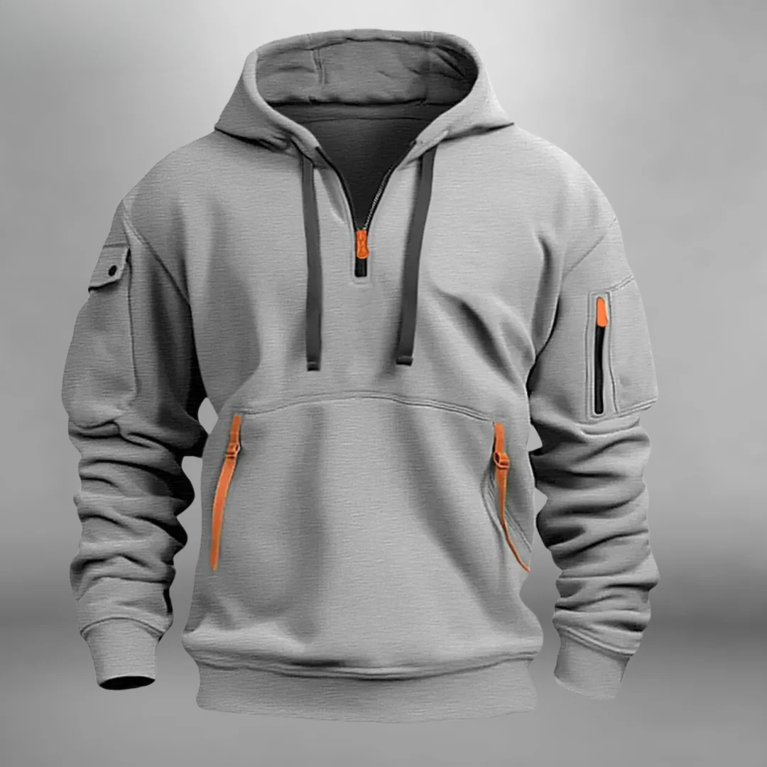 Gray half-zip utility hoodie