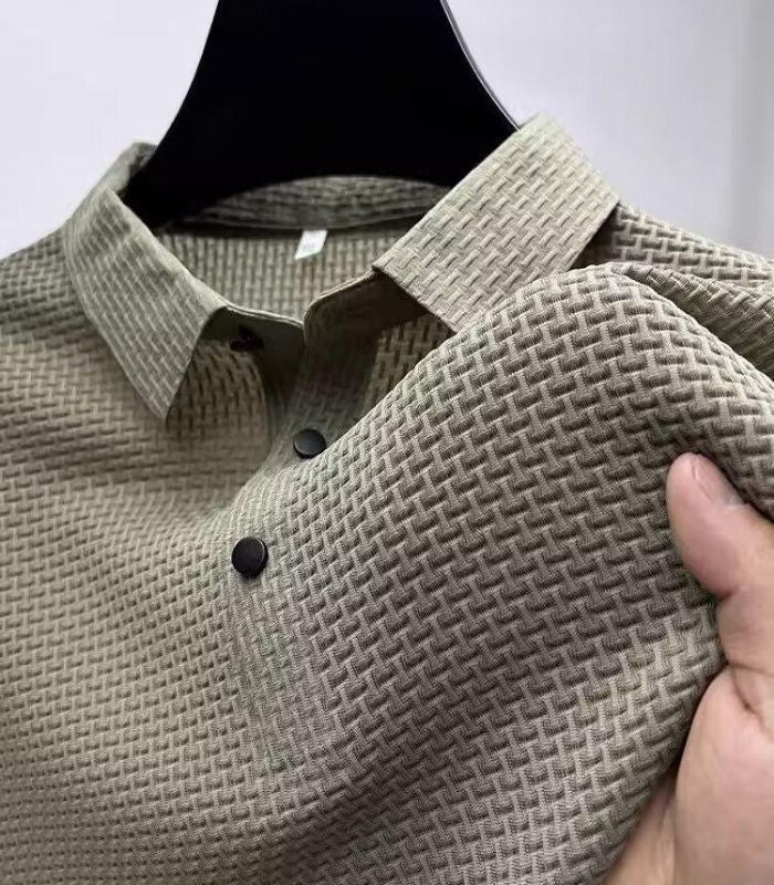 Khaki basketweave knit polo shirt, close-up