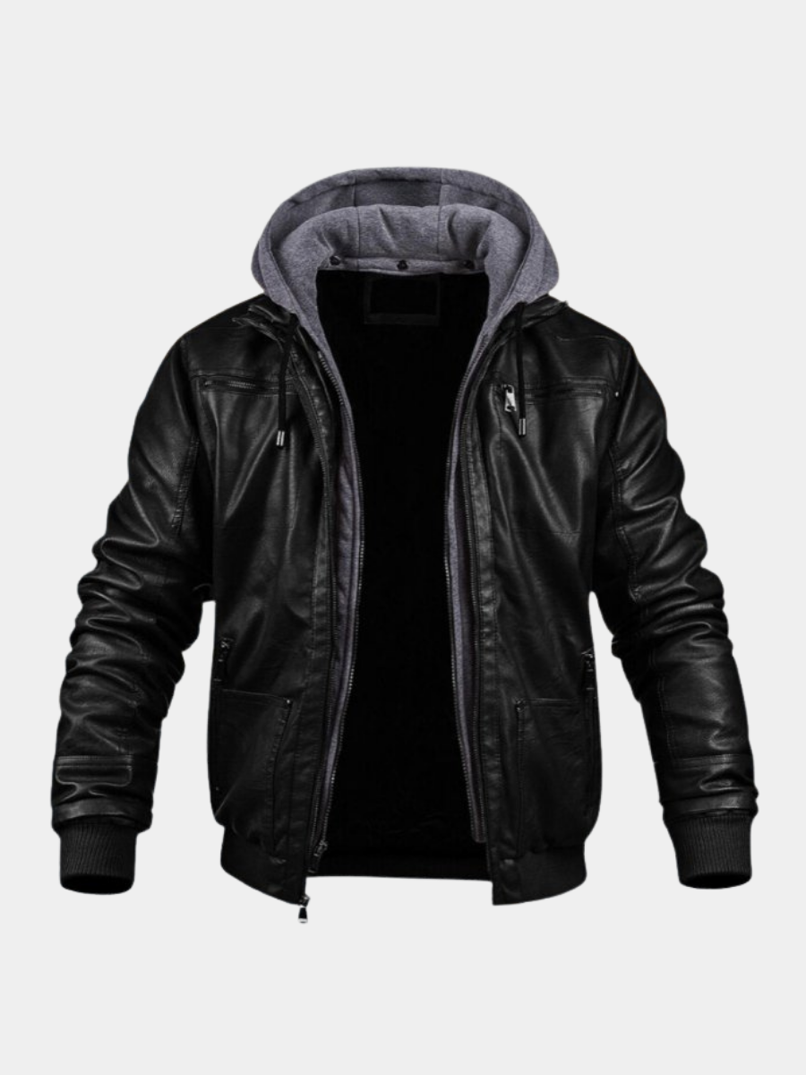 Men's black leather bomber jacket with grey hood, front view