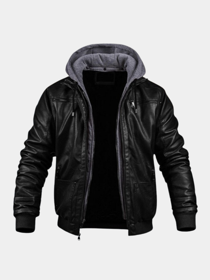 Men's black leather bomber jacket with grey hood, front view