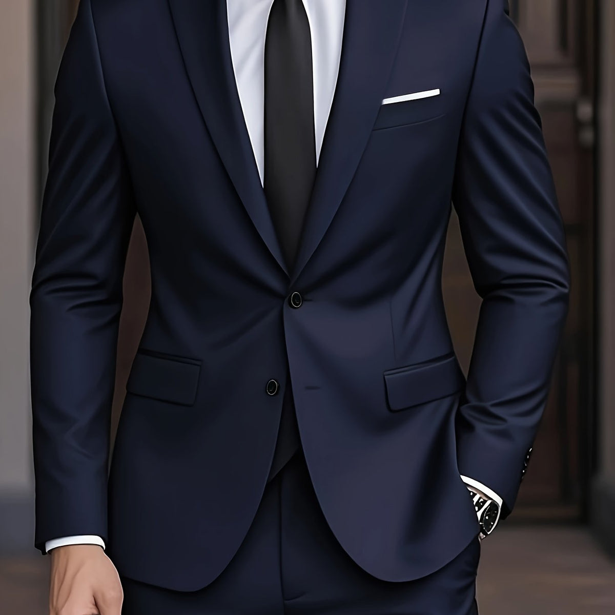 Navy blue suit jacket with chest welt pocket, close-up