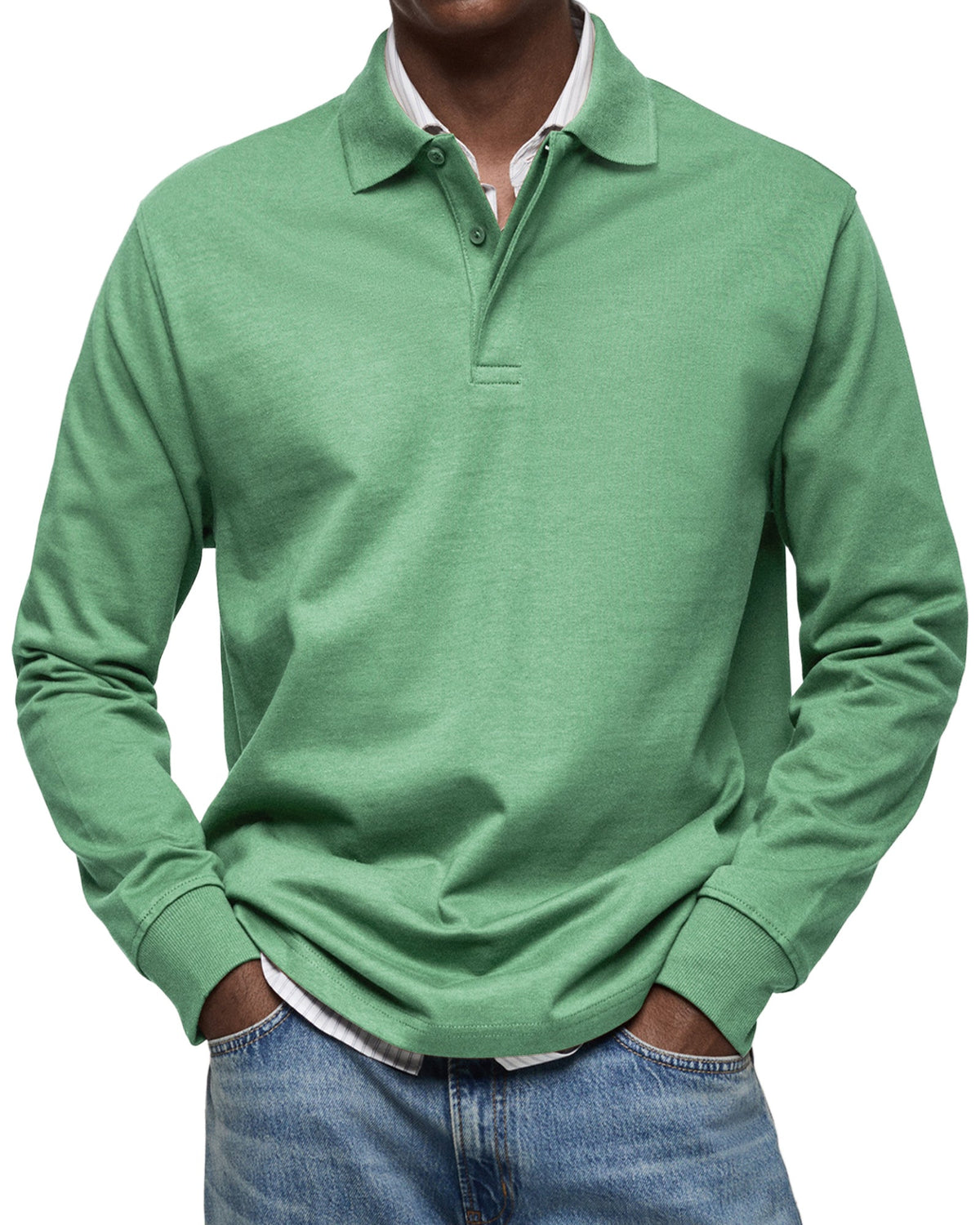 Green heathered long-sleeve polo shirt worn with jeans