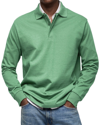 Green heathered long-sleeve polo shirt worn with jeans