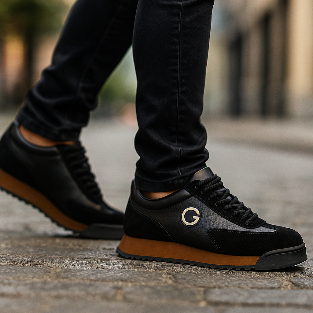 Man wearing black two-tone retro sneakers