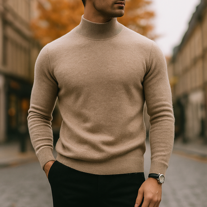 Khaki mock neck knit sweater worn with dark trousers