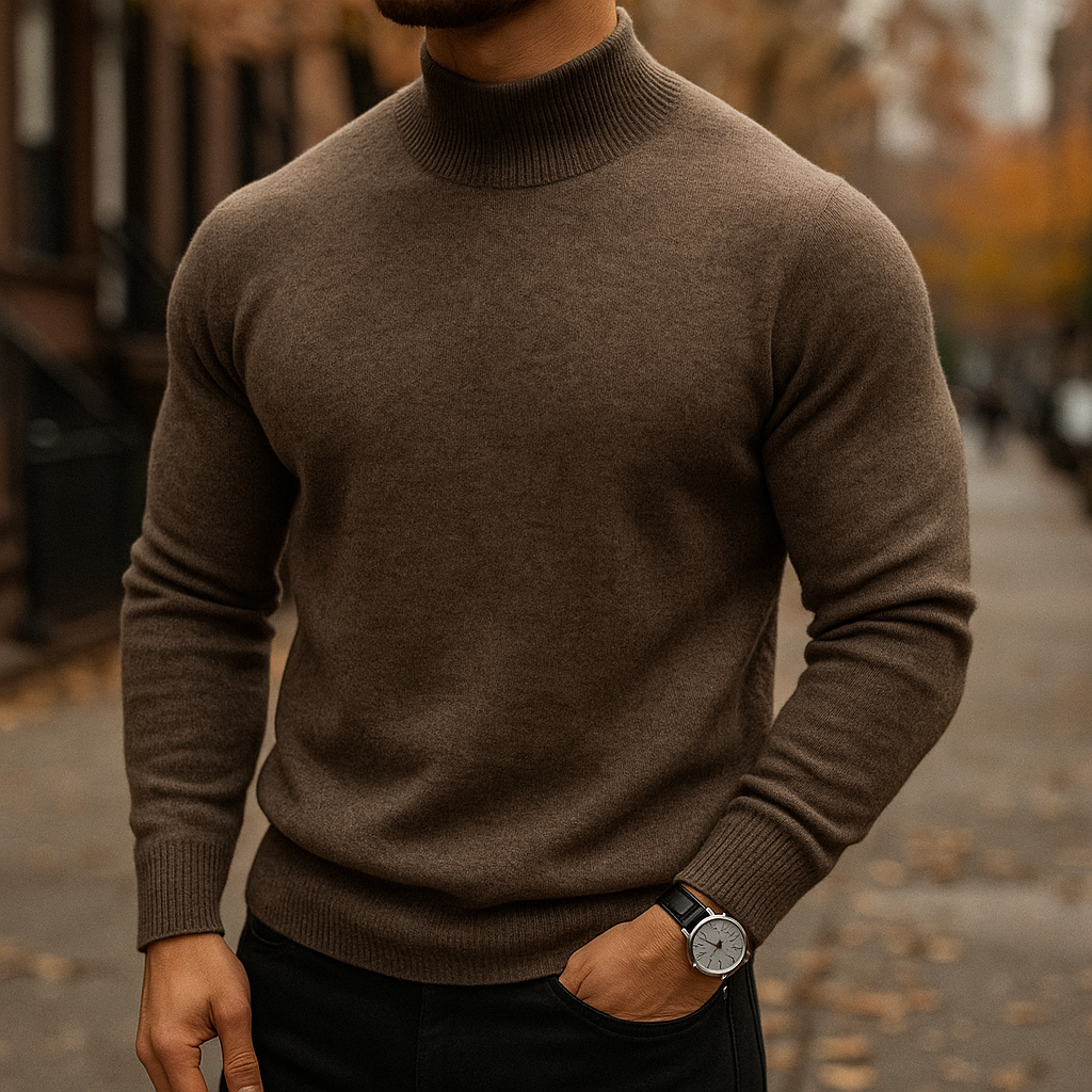 Coffee mock neck knit sweater worn with dark trousers