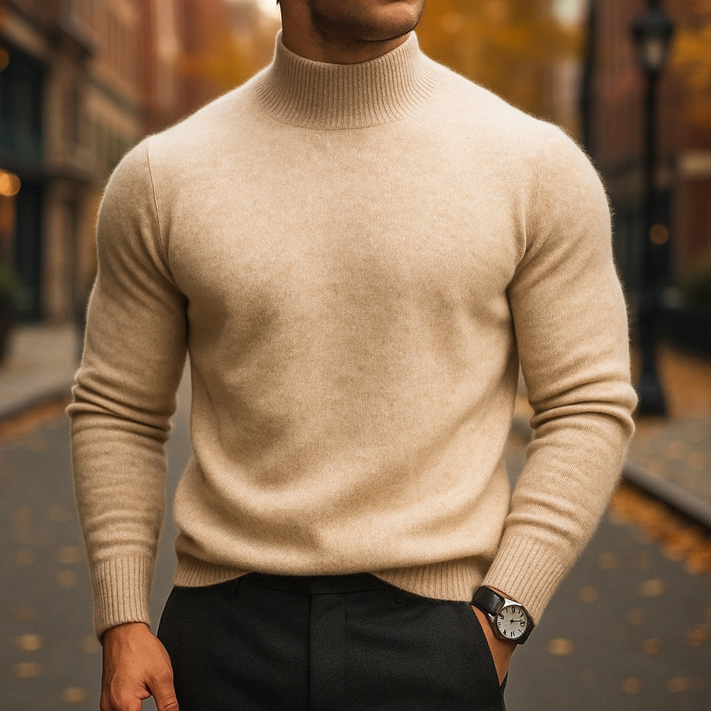 Apricot mock neck knit sweater worn with dark trousers