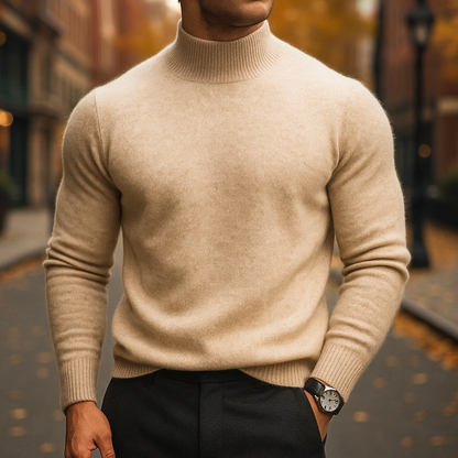 Apricot mock neck knit sweater worn with dark trousers