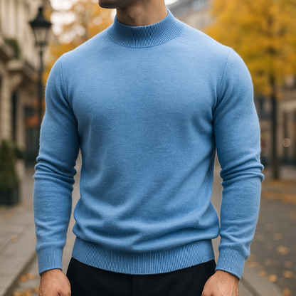 Lake Blue mock neck knit sweater worn with dark trousers
