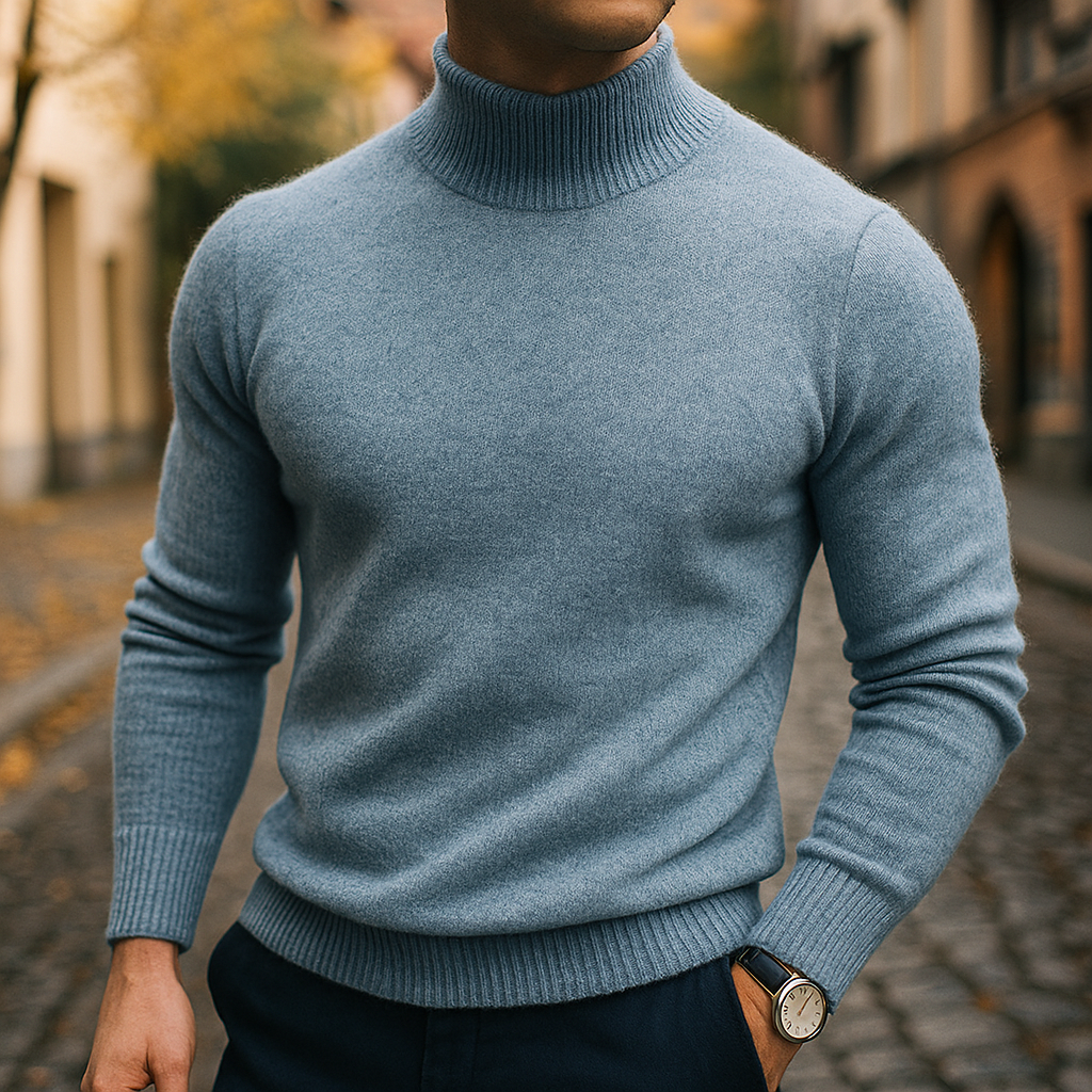 Teal Blue mock neck knit sweater worn with dark trousers