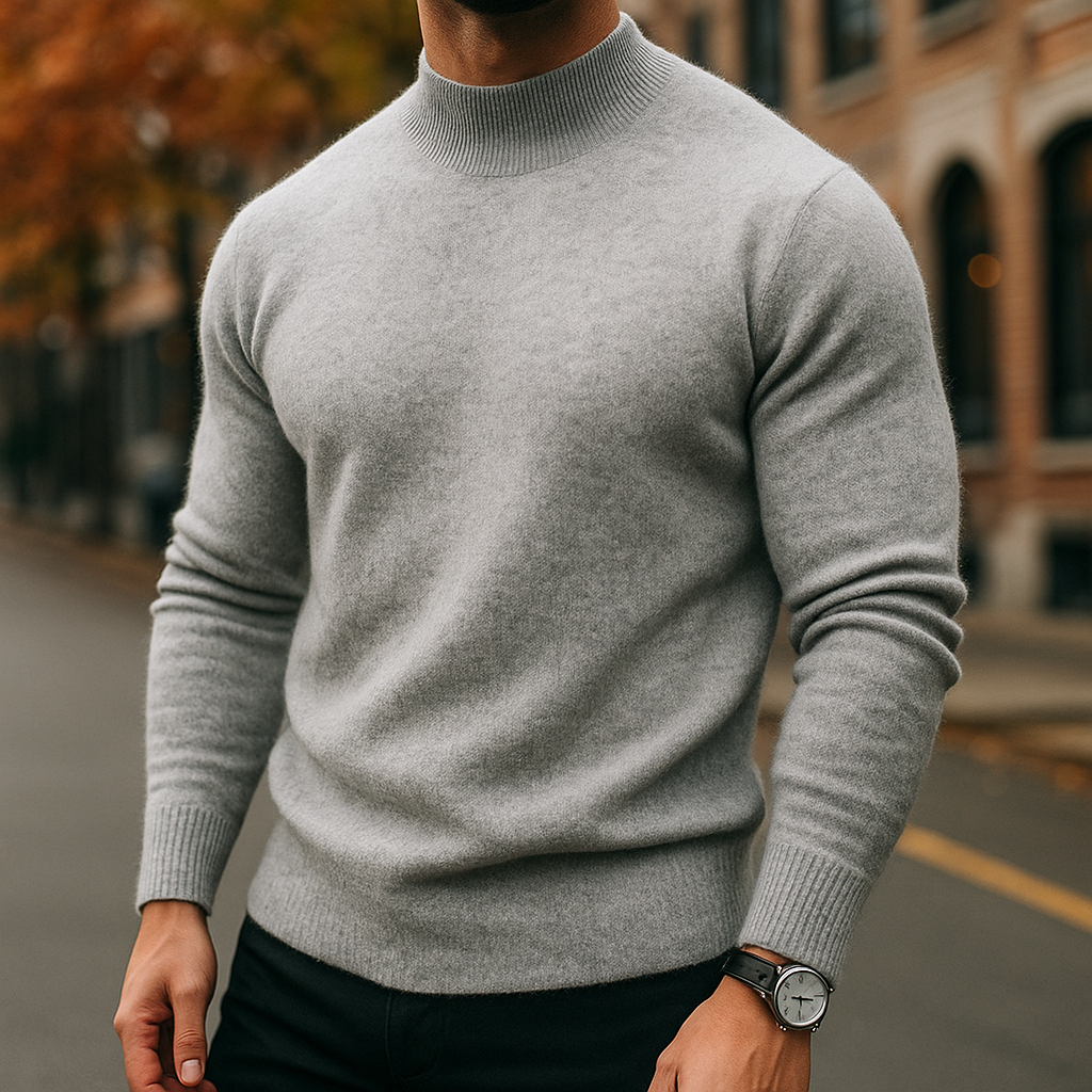 Light Gray mock neck knit sweater worn with dark trousers
