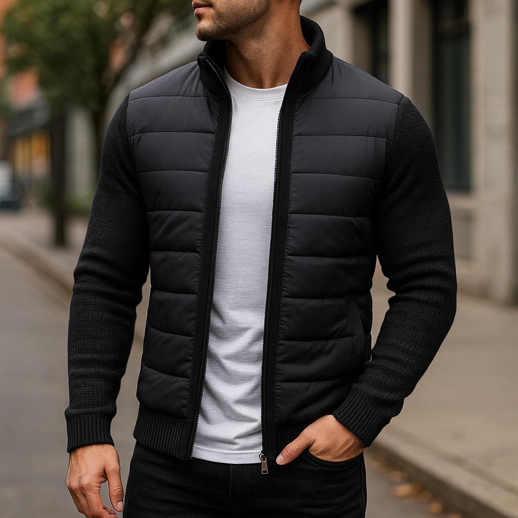 Black quilted hybrid jacket with knit sleeves and ribbed collar