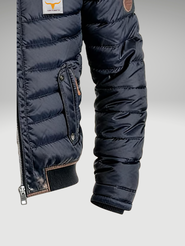 Sleeve of the navy puffer jacket