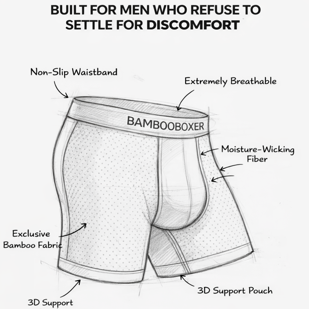 Drawing of mesh boxer briefs with feature labels